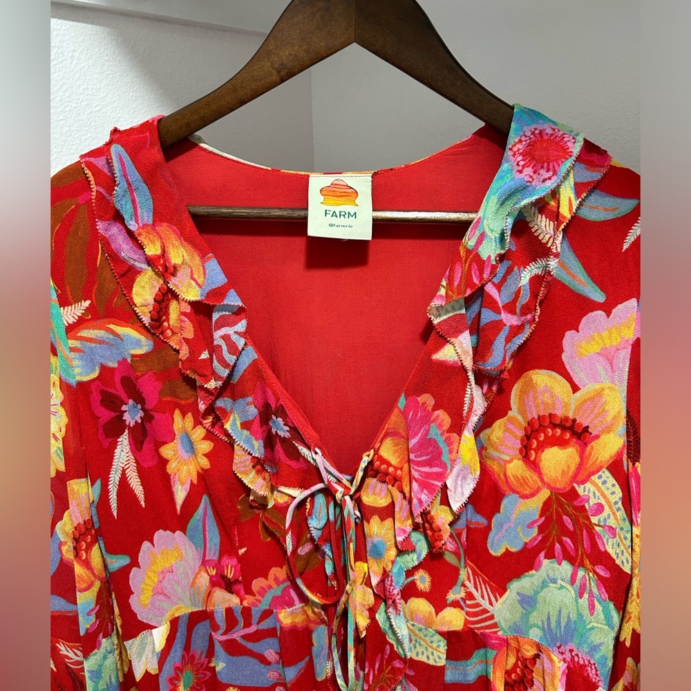 FARM Rio Hudson Tropical Floral Ruffled Chiffon Mini Dress Red Size XL